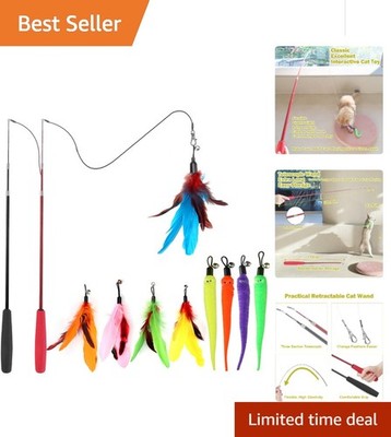 Interactive Cat Toy Set: 2PCS Wand & 9 Feather Refills for Indoor Cats