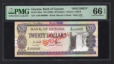 Guyana 20 Dollars ND(1996) P30as  Specimen  Uncirculated Grade 66 Top Pop