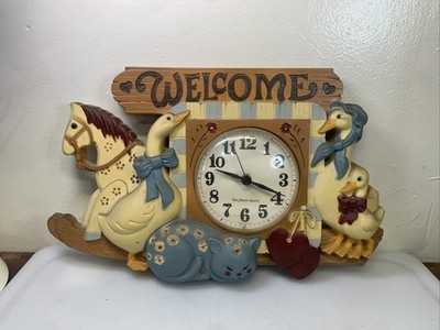 VINTAGE 1986 BURWOOD NEW HAVEN WELCOME QUARTZ WALL CLOCK GOOSE HORSE CAT USA