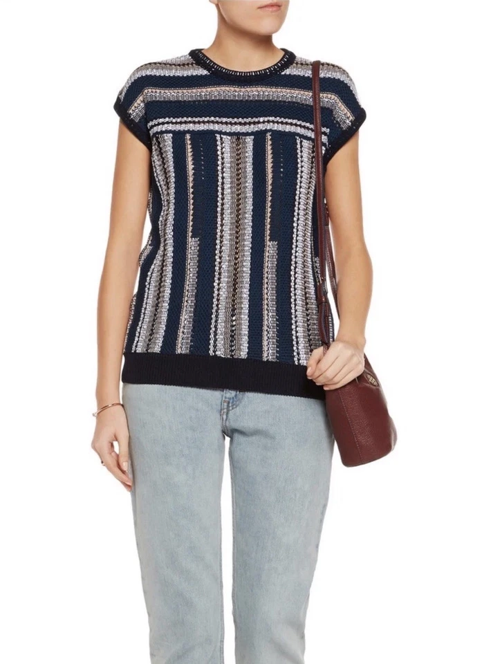Tory Burch Navy Stripe Knit Sweater Cotton Blend Size S - Image 1 of 4