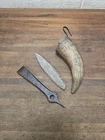 B102- Antique DENGLESTOCK Whetstone Horn Holder dated 1860 w/ stone and dengles