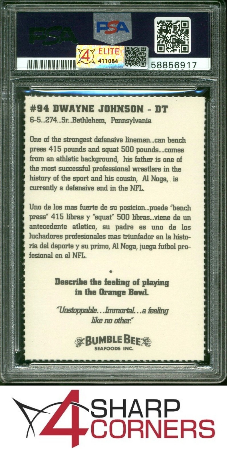 1994 MIAMI/BUMBLE BEE PERFORATED DWAYNE THE ROCK JOHNSON RC 4SC ELITE PSA 9 view 2