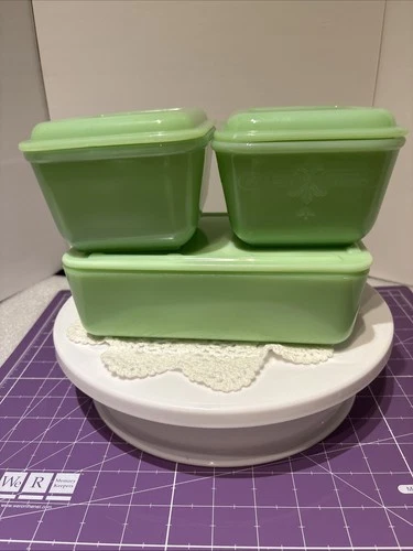 Jadite 3-Piece Set of Fire King Oven Ware Refrigerator Dishes Vintage