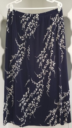 Citiknits Skirt XLarge Navy Blue White Floral Satin Elastic Waist Pull On Maxi - Picture 2 of 9