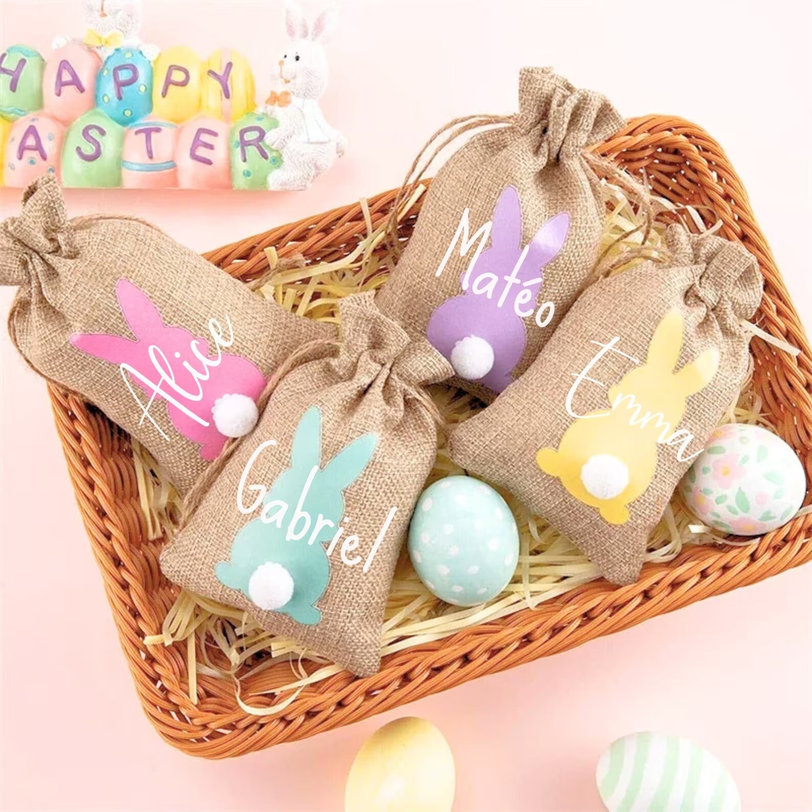 Sac de Pâques personnalisé en jute pour enfant avec motif lapin mignon