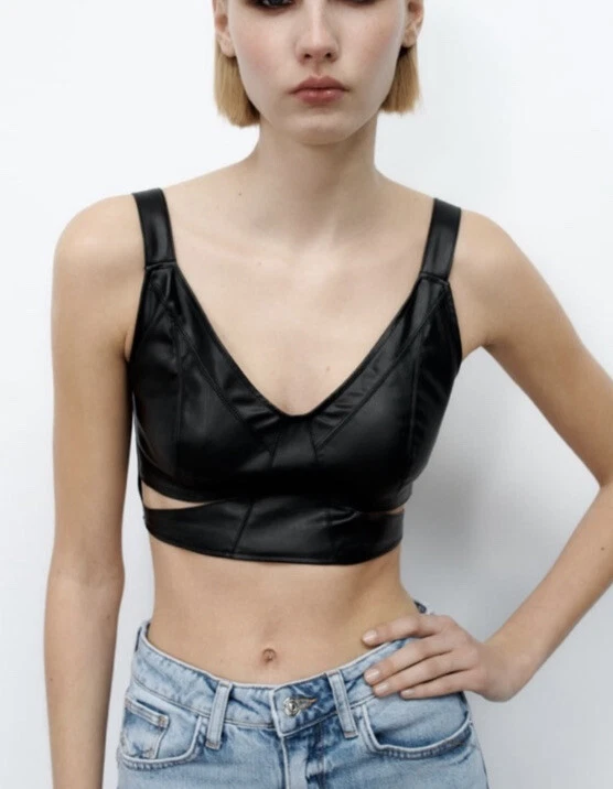 Zara Women Medium Black Tank Leather Faux Leather Cut Out Crop Top Blouse  B13