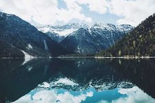 Landscape mountains plants water lagoon reflection calm Custom Gaming Mat Desk