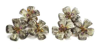 Vintage Austrian Pink Crystal Silver & Gold Tone Floral Design Clip On Earrings