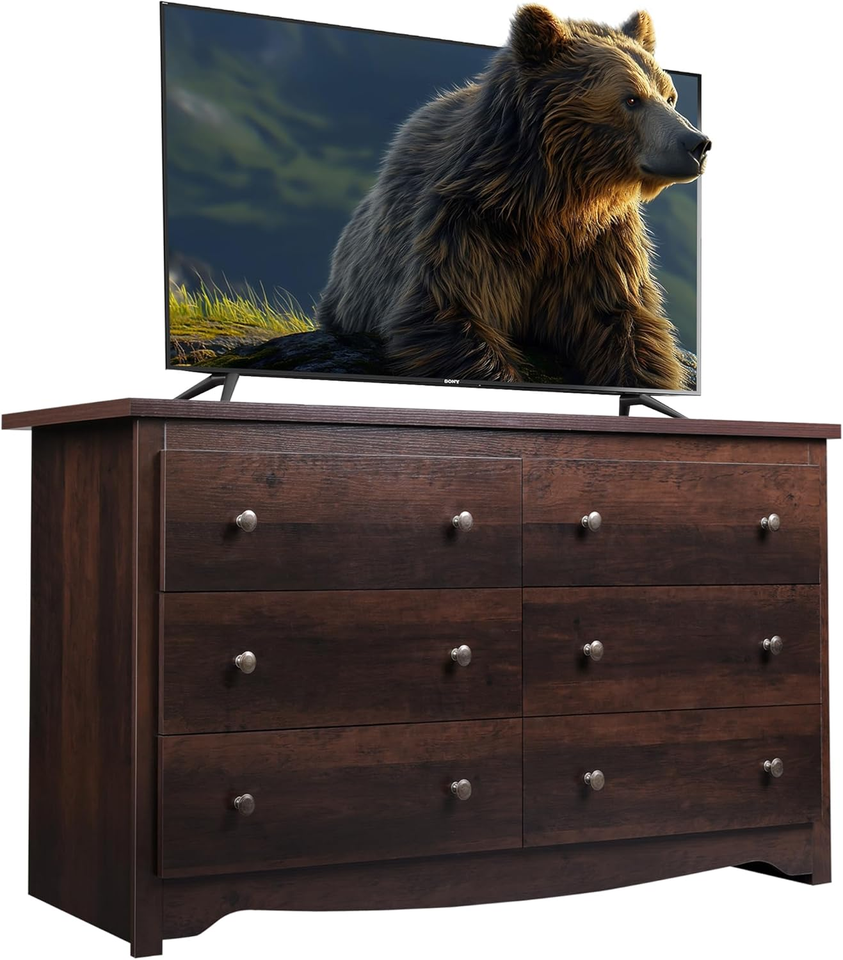 WLIVE Wood Dresser with 6 Drawer, Wide Chest of Drawers for Bedroom