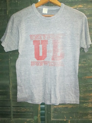DISTRESSED Vtg 80s Tri Blend Rayon University Of Budweiser Beer sheer T SHirt S