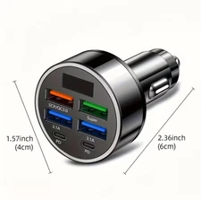 6-Port Fast Car Charger 40W, 4 USB + 2 Type-C, LED Voltage Display, PD & QC3.0