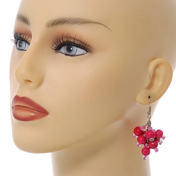 Deep Pink Wood Bead Cluster Drop Earrings in Silver Tone Metal - 55mm L - Image 4 of 4