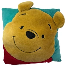 Vintage 1990s Winnie the Pooh Plush Throw Pillow Face 3-D Ears Teal Green 13x13"