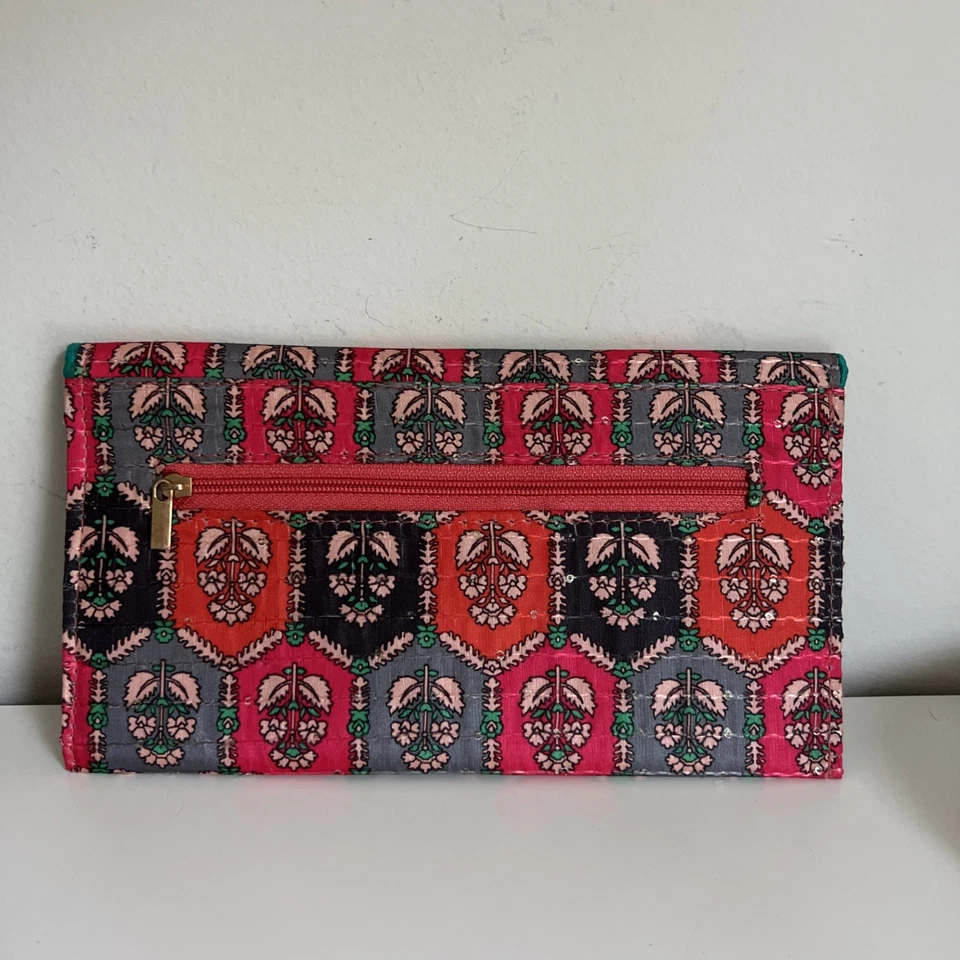 Flower Silk Fabric Clutch Wallet Green Pink Sequin 8"x4.5" Floral Fancy Envelope - Image 4 of 4