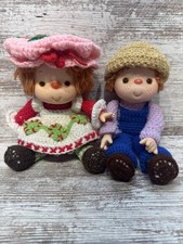 2Vintage Plush Strawberry Shortcake Dolls Crochet Hand Knitted With Cap Handmade