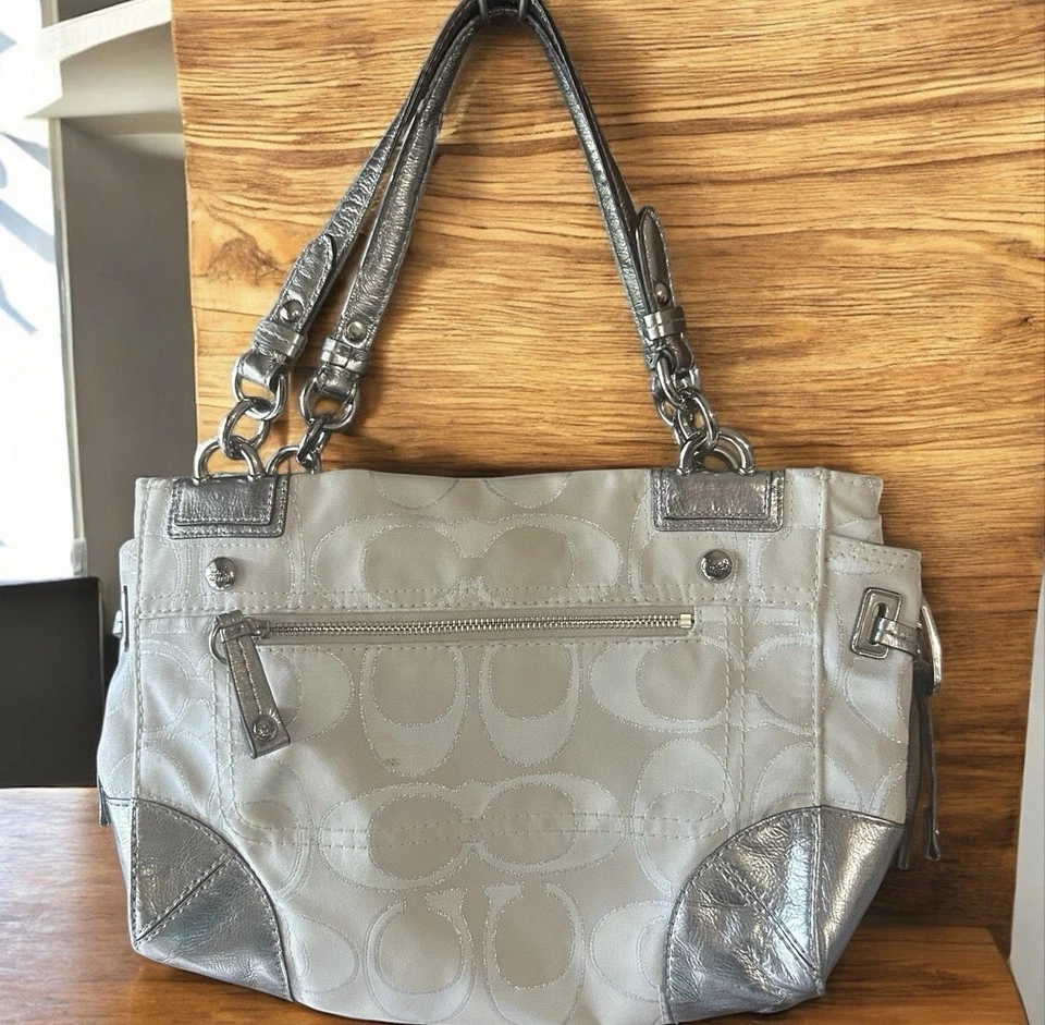 Coach Metallic Silver Leather Double Handle Canvas Satchel Purse See Photos - Image 2 of 4