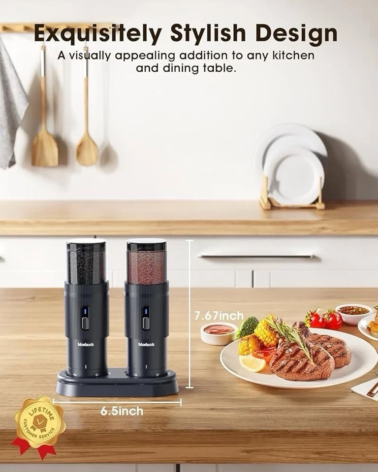 2PCS Electric Salt and Pepper Grinder Set Automatic Grinder w/ Rechargeable Base - Image 3 of 4