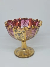 Antique Bohemian footed OPEN Master SALT cellar Cranberry GOLD & Floral 