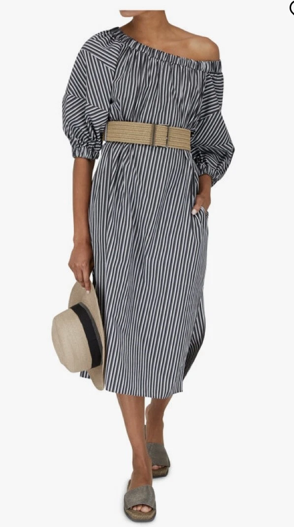Brunello Cucinelli — $3695  BRUNELLO CUCINELLI WHITE & BLUE STRIPE OFF-THE-SHOULDER BELTED DRESS