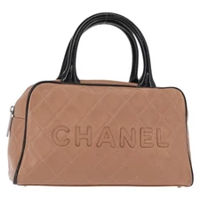 Chanel Embossed Logo Bowler Bag Quilted Caviar Beige Leather Handbag Authentic
