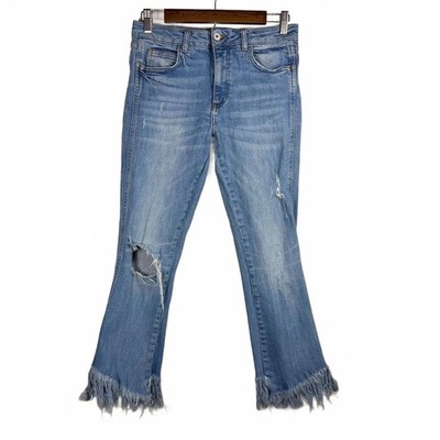 Zara Trafaluc Distressed Flare Jeans Womens US 6 Frayed Hem Light Wash Denim