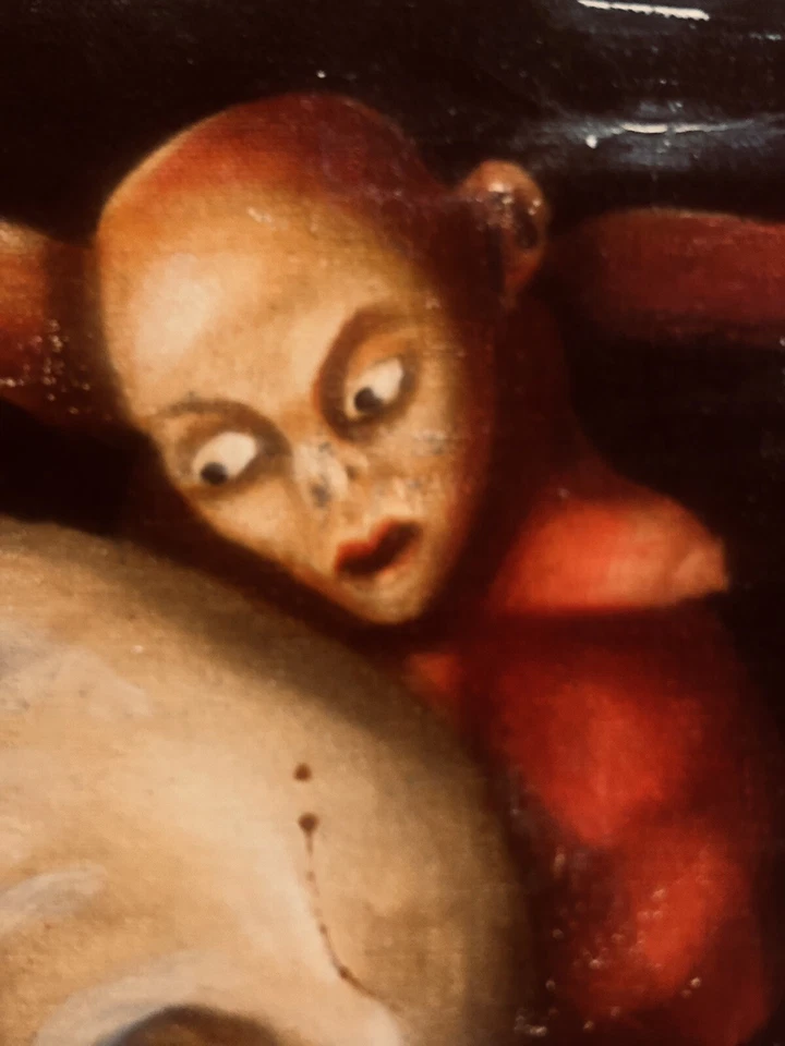 Lienzo pintura al óleo surrealista vintage Vanitas Momento Mori firmado fechado - calavera Foto 3 de 4