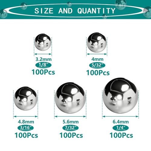 500Pcs Assorted Loose Bicycle Bearing Balls 1/8", 5/32", 3/16" 7/32" and 1/4" - Picture 3 of 5
