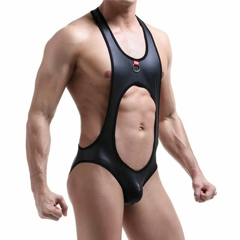 Men Man Jumpsuit PU Leather open butt Wrestling Singlet Mankini Bodysuit Costume - Image 2 of 4