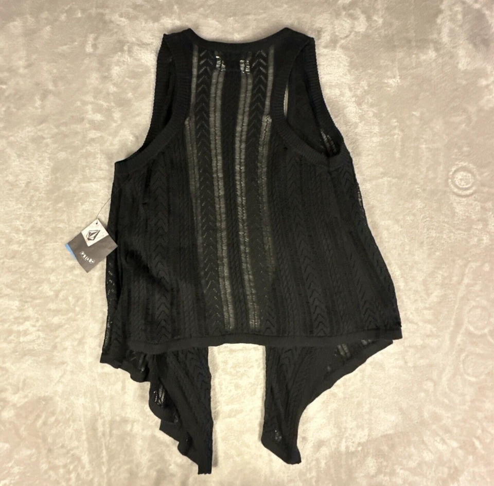 Volcom Cardigan Sweater Vest Womens Extra Small Black Open Knit Crochet - Image 4 of 4