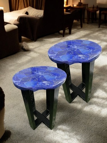 12" Set of 2 Pair Lapis Lazuli Stone Sofa Side Coffee Table Luxury Random Decors - Picture 3 of 11