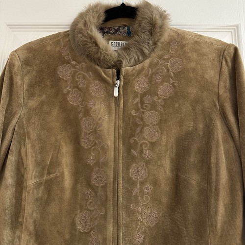 VTG Georgiou Studio Brown Suede Embroidered Flowers Fur Trim Double Zip Sz6 Smal - Picture 2 of 12