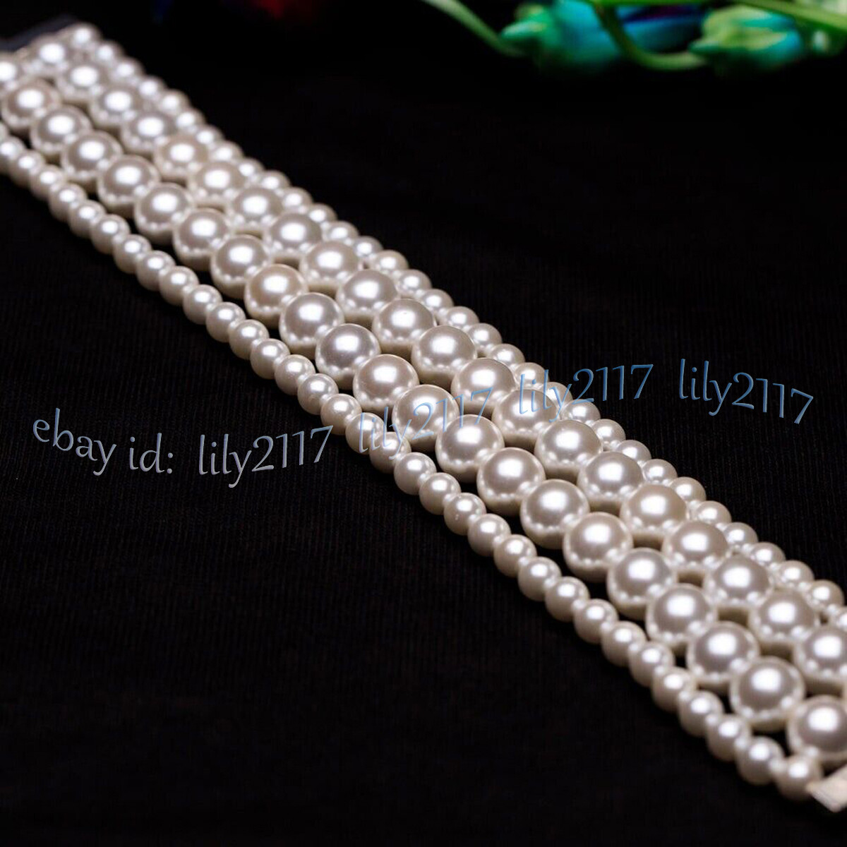 4 Rows White South Sea Shell Pearl Round Beads Multi Strand Choker 