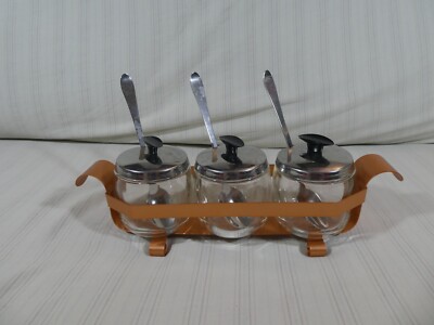 RARE Vintage Set of 3 Glass Foley Jelly Jars w/ Spoons Condiment Server﻿ MCM