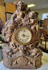 RARE Antique CAST IRON & Copper Mantle Clock Cherubs & Harps c.1906 18" tall 16#