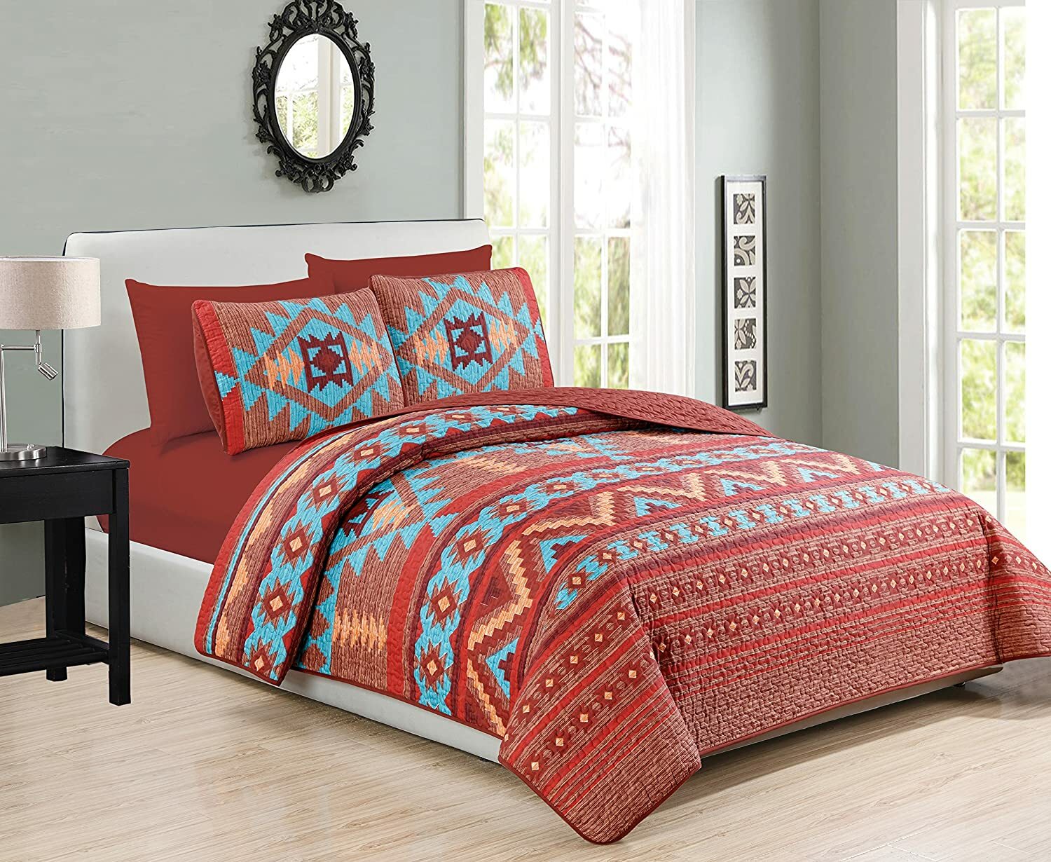 Turquoise Red Southwest Coverlet Quilt 
