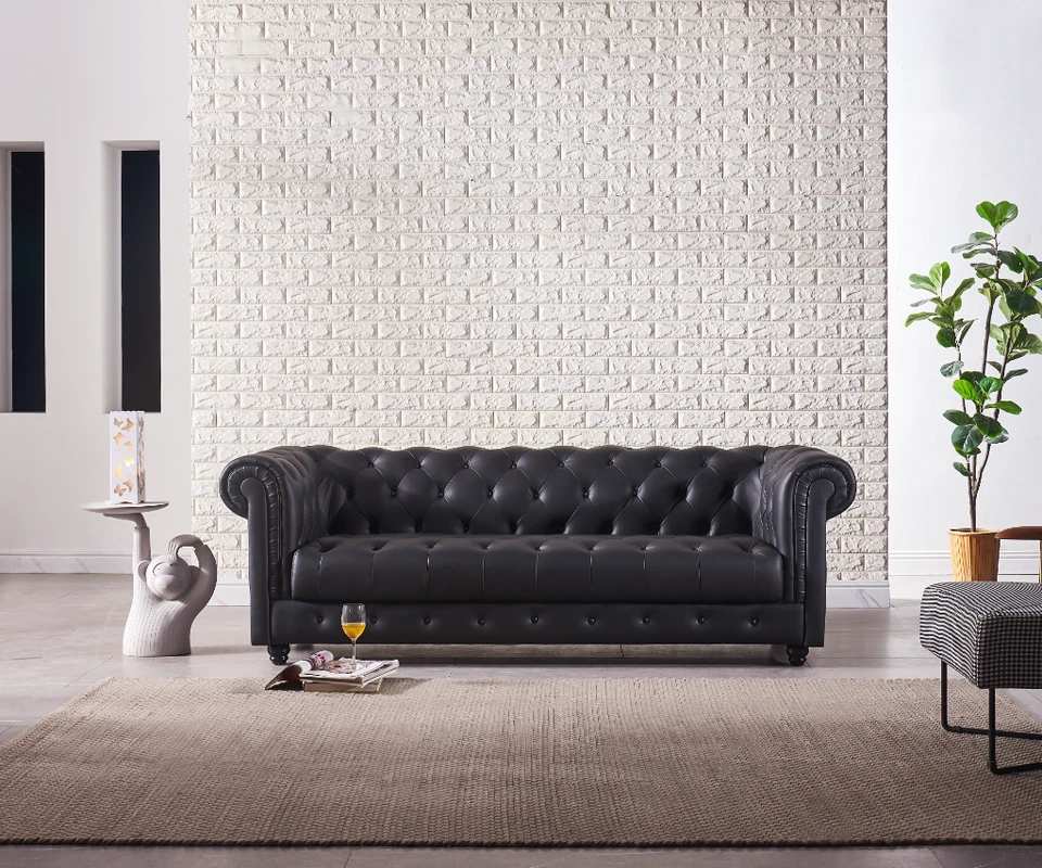 Precioso sofá de cuero italiano premium negro moderno estilo Chesterfield #1166 Foto 2 de 4