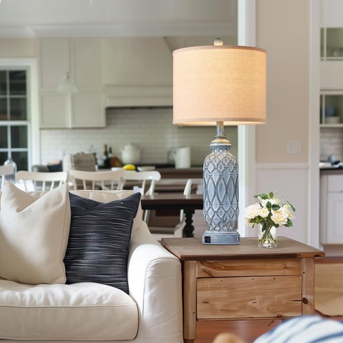 Farmhouse Lamps For Bedroom Set Of 2 28" Rustic Lamps For Living Room With Usb P - Picture 2 of 7