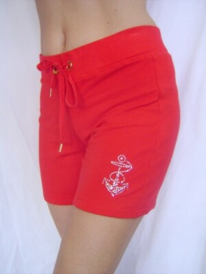 New BEBE Red Crystal Logo Anchor Shorts S