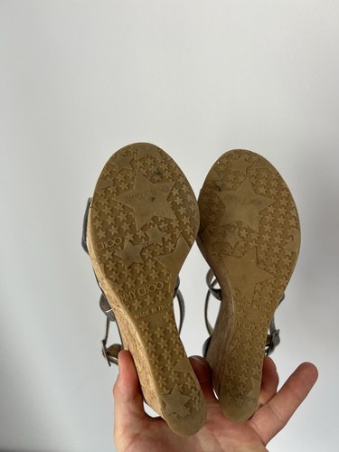 Jimmy Choo Silver Cork Wedge Sandals Metallic Leather US 8 / UE 38 - Picture 15 of 15