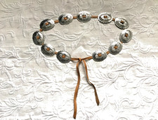 Vintage Leather Concho Belt Native Style Silvertone Stamped Metal Deco Handmade