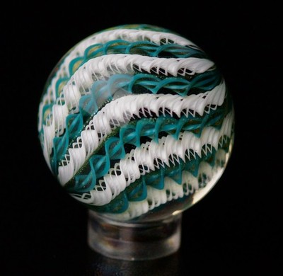 Bryan Trillas Glass Marble/Filigree Cane/UV Reactive/Teal White/1.36 inch