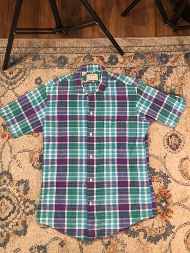 Vintage J.M. Hollander Shirt Mens Small Green Plaid Short Sleeve India Madras