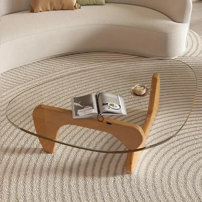 Noguchi Triangle Glass Coffee Table with Solid Wood Base Vintage Clear Glass Top - Image 2 of 4