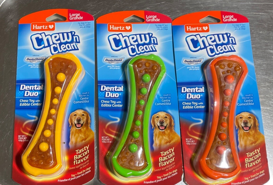 3 Pack Hartz Chew N' Clean Dental Duo Dog Chew Toy Bacon Fla