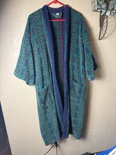 VTG 90s Terry Cloth Robe OS Plaid Green Blue Plaid Lounge Cozy Dad Core