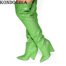 Women's All Rhinestone Decor Pointed Toe Pull on High Heels Over The Knee Boots