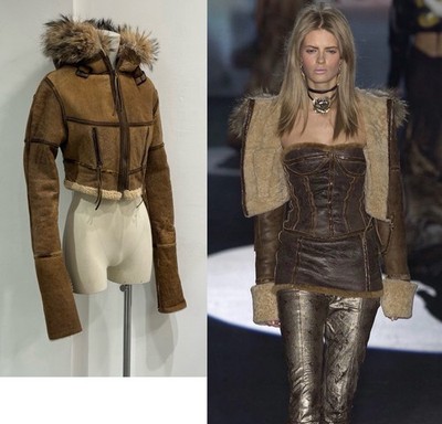 ROBERTO CAVALLI A/W 2003 vintage cropped shearling aviator jacket fox fur hood
