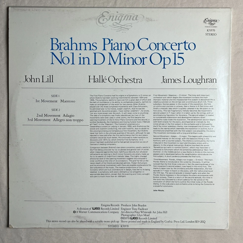 JOHN LILL Brahms: Piano Concerto 1 1978 Import Vinyl LP Enigma K53570 - VG+ - Image 2 of 4