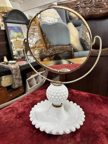 Vintage Milk Glass Table Top Swivel Mirror