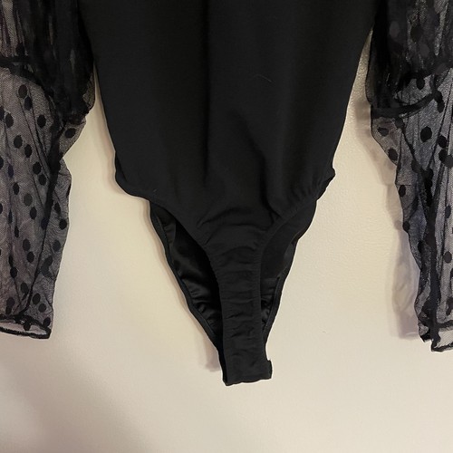 Boohoo Women 8 Black Polka Dot Mesh Puff Sleeve Ruffle Tie Neck Bodysuit NWT - 第 14/15 張圖片